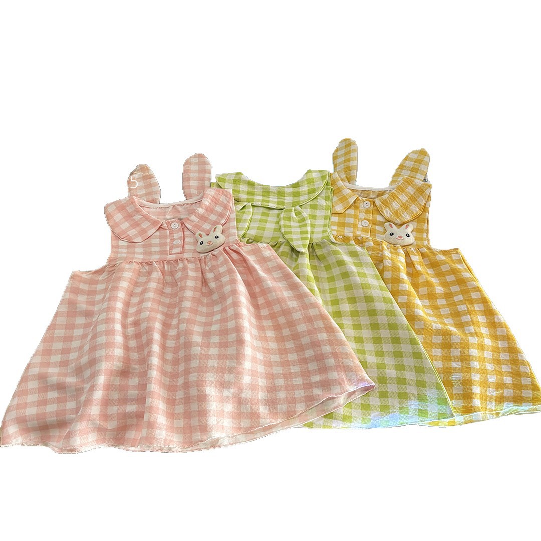 Foreign Trade Girls Doll Collar Bunny Ears Dress 2025 Summer Cute Plaid Vest Dress Bunny Princess Skirt