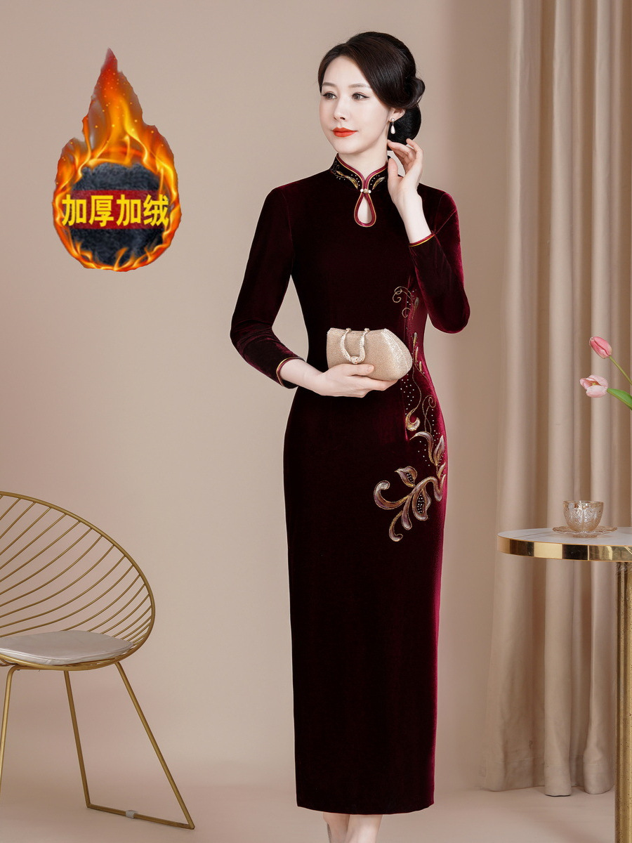 Хун Юн 2024, вышитое новое облегающее улучшенное бархатное платье чунцзян, большие размеры, свадебное платье для счастливой матери, длинное платье для свекрови