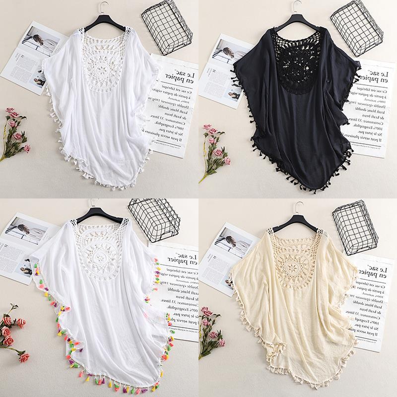 Cross-border new sexy off-the-shoulder hollow-out loose plus size tassel bikini ins style outdoor beach blouse top