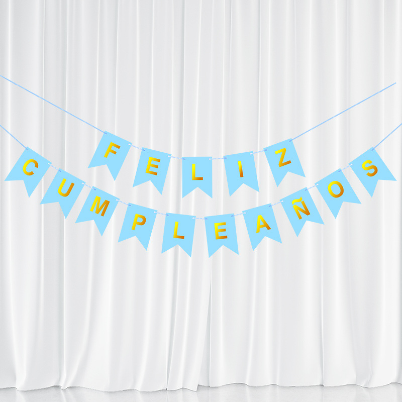 Spanish Birthday Banner Feliz Gold Foil Party Decoration Banner Laser Glitter Gold and Silver Card Triangular Flag Five-Pointed Star