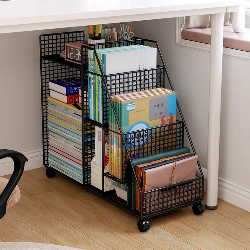 Under-Table Bookshelf Storage Rack Floor Book Storage Box Movable Wheeled Trolley Children's Picture Book Simple Bookcase
