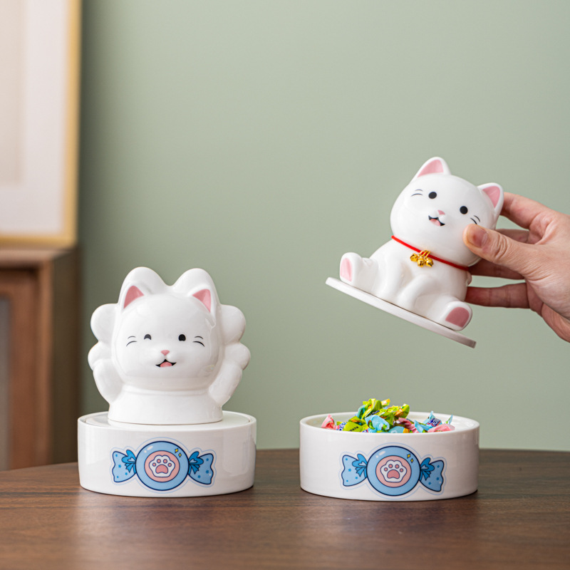Cute Cat Ornaments Creative Candy Cans Home Living Room Coffee Table Desktop Capsule Melon Sseeds Snack Storage Box Reception