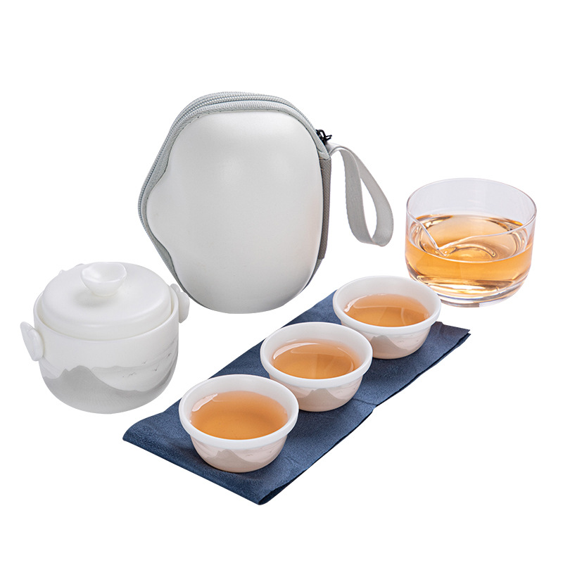 Ruoyu Ceramic Quick Cup, One Pot and Three Cups, Plain-Fired Hand-Painted Travel Kung Fu Tea Set, Outdoor Leisure Home Souvenir
