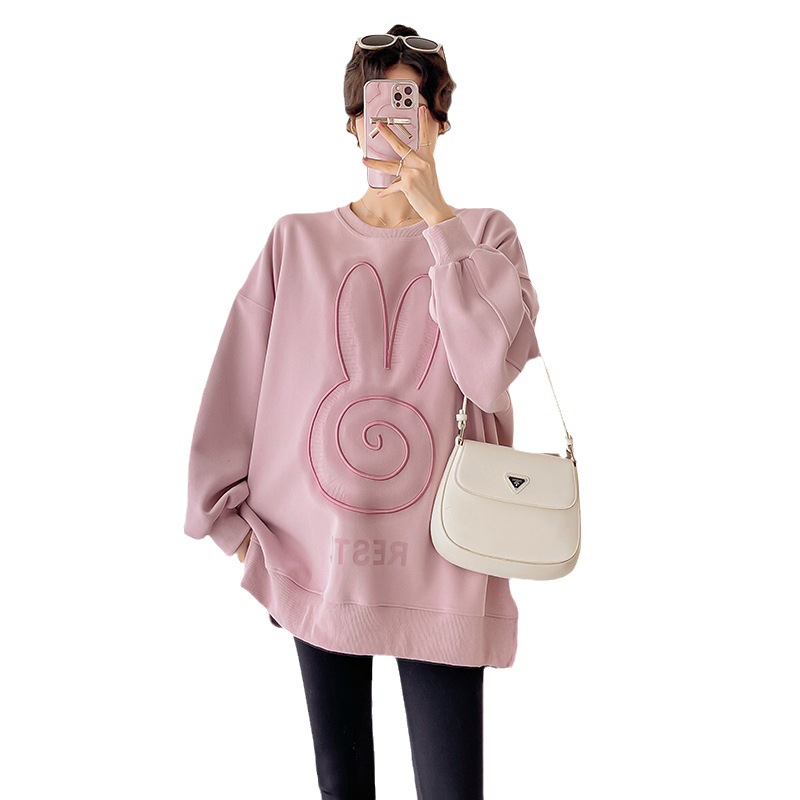 Real shot in stock maternity clothes autumn embroidered printed loose plus size sweater casual pullover round neck split long sleeve sweater