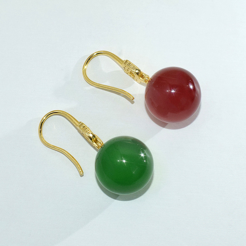 Natural Emerald Ear Hook Ice Red Agate Money Rolling Earrings Retro New Chinese Women's Earrings Supply Wholesale