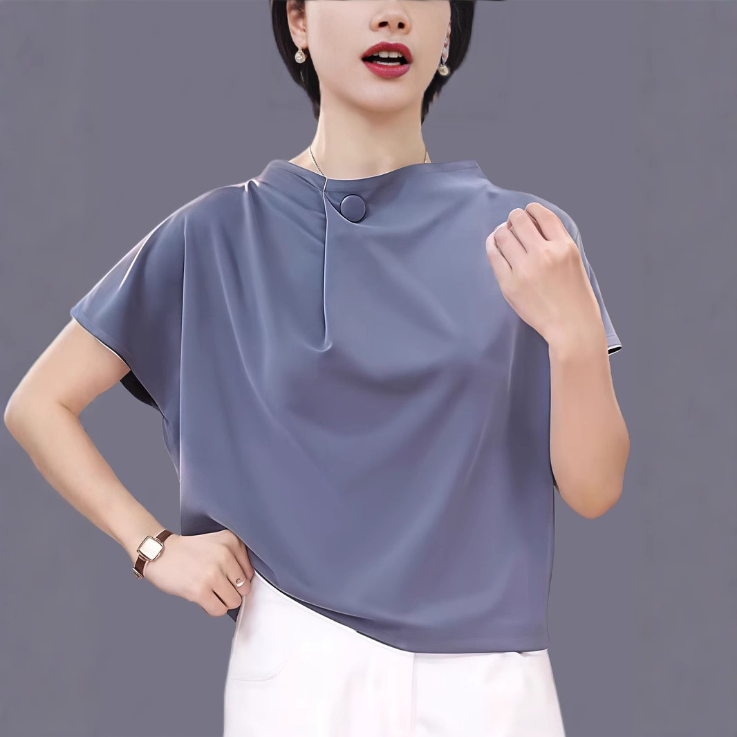 Authentic High-End Summer Solid Color Sweatshirt, Large Size Loose Pullover Top, Middle-Aged Women's Age-Reducing Design Bottoming Shirt