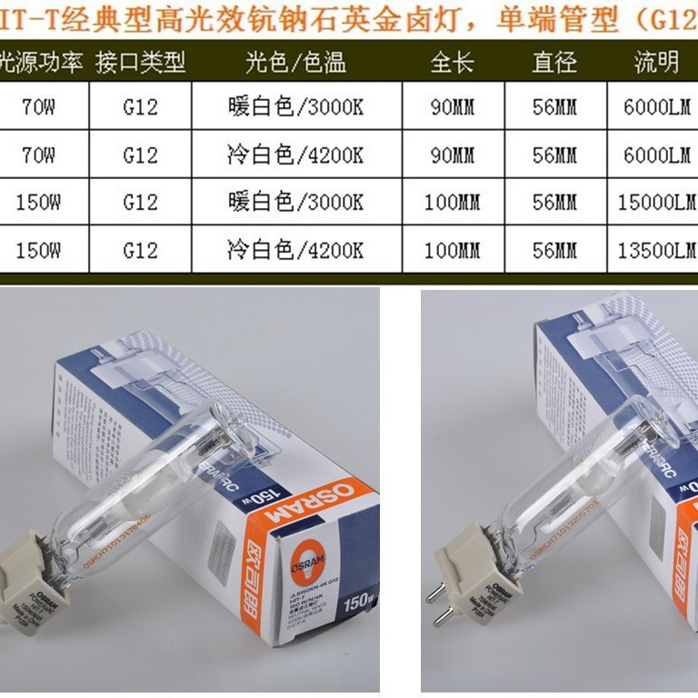 OSRAM OSRAM Gold Halide Bulb HIT-T70W/150W/N/3K/4 G12 Quartz Metal Halide Lamp Bulb