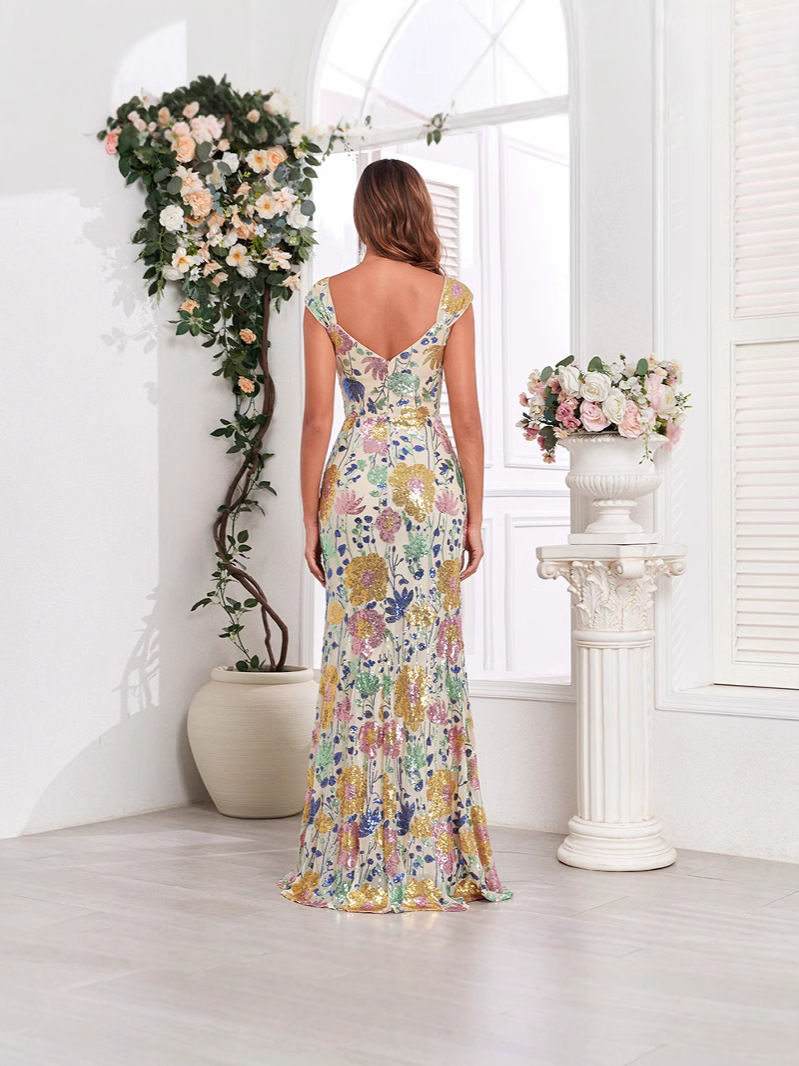 2024 New Women Sleeveless Elegant Evening Gown Double V-neck Sequin Embroidered Birthday Party Mermaid Evening Gown