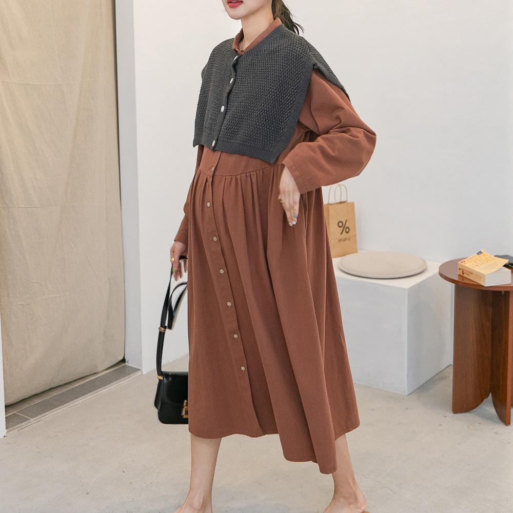 Spring New Pregnant Women's Dress Western Style Elegant Mid-length Long Sleeve Dress Trendy Hot Mom's Out-of-town Shirt Dress