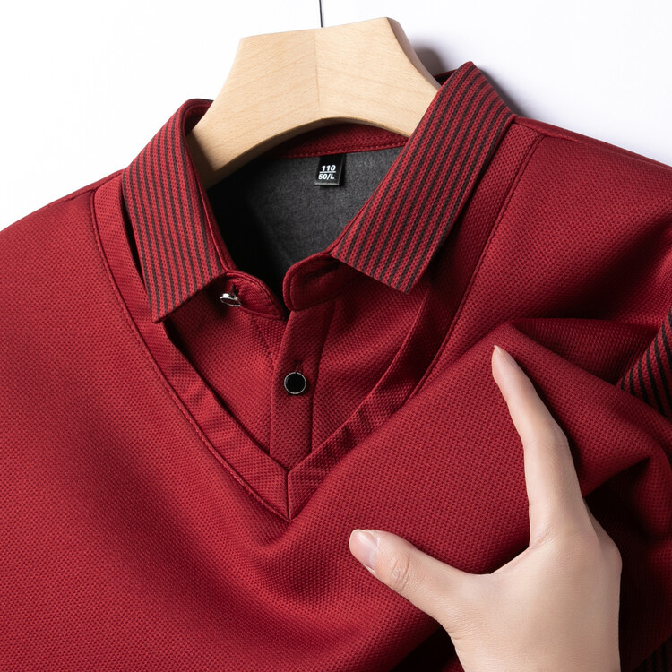 Autumn and Winter Fake Two-piece fleece-lined Thickened High-end Boutique Men's POLO Shirt Middle-aged and Elderly Warm Sweater Men's Turtleneck Shirt