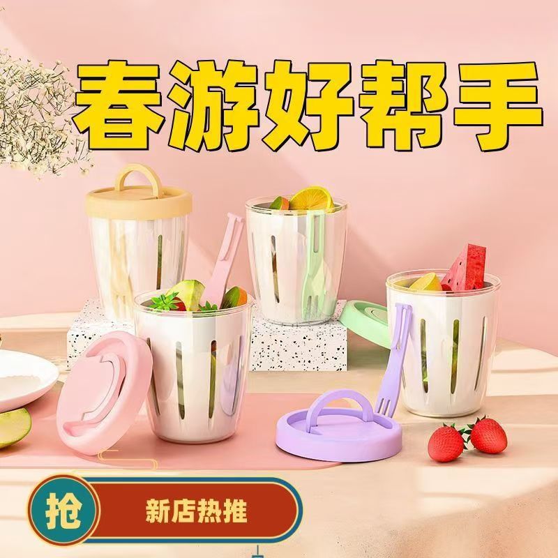 Ins Take-out Picnic with Fork Double Layer Dipping Water Cup Wind Fruit Cup Breakfast Salah Cup Use Portable Box