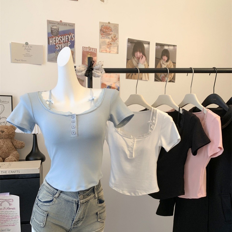 5088# чистый ветер, кружевная отделка, короткий рукав, футболка, летняя, горячая девушка, с нагрудной подушечкой, бантик, облегающая