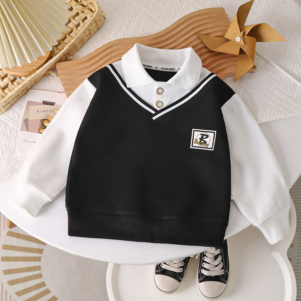 Boys' Polo Collar Sweatshirt Autumn New British Style Fake Two-Piece Versatile Fashion for Older Children