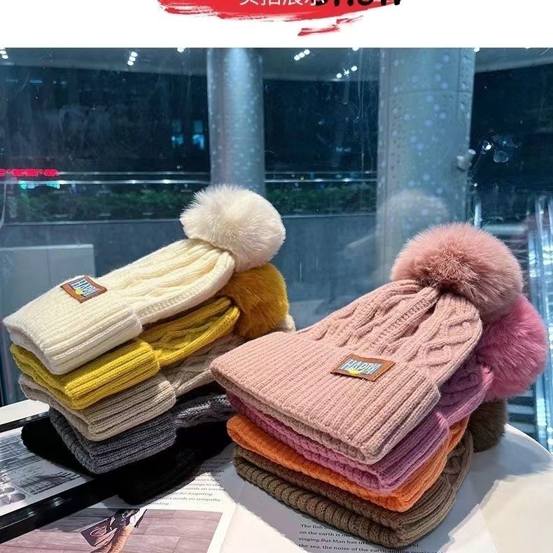 Hat Women's Winter Fleece-lined Warm Wool Hat Women's Winter Fashionable Fur Ball Knitted Hat Korean Style Fashionable All-match Thickened Cold-proof Hat