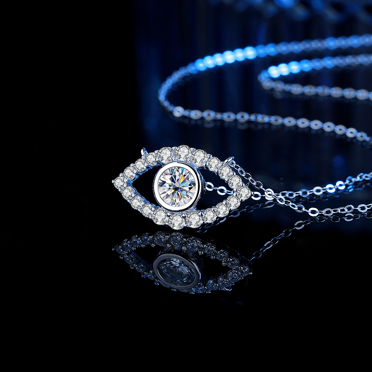 Cross-border S925 Sterling Silver Platinum Devil's Eye Moissanite Necklace Women's High Sense Colorful Mind Eye Pendant