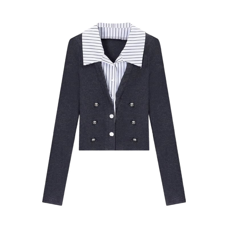 Korean Style Casual Fake Two-piece Color Matching Collar Long-sleeved Shirt Base Shirt Women's Autumn Slim-fit Inner Short Top