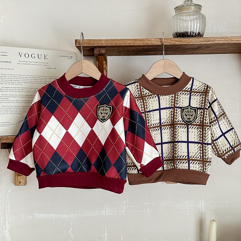 Children's Knitted Crewneck Sweater Baby's fleece-lined Thickened Warm Top Korean Style Preppy Style Microblouse Sweater for Boys and Girls