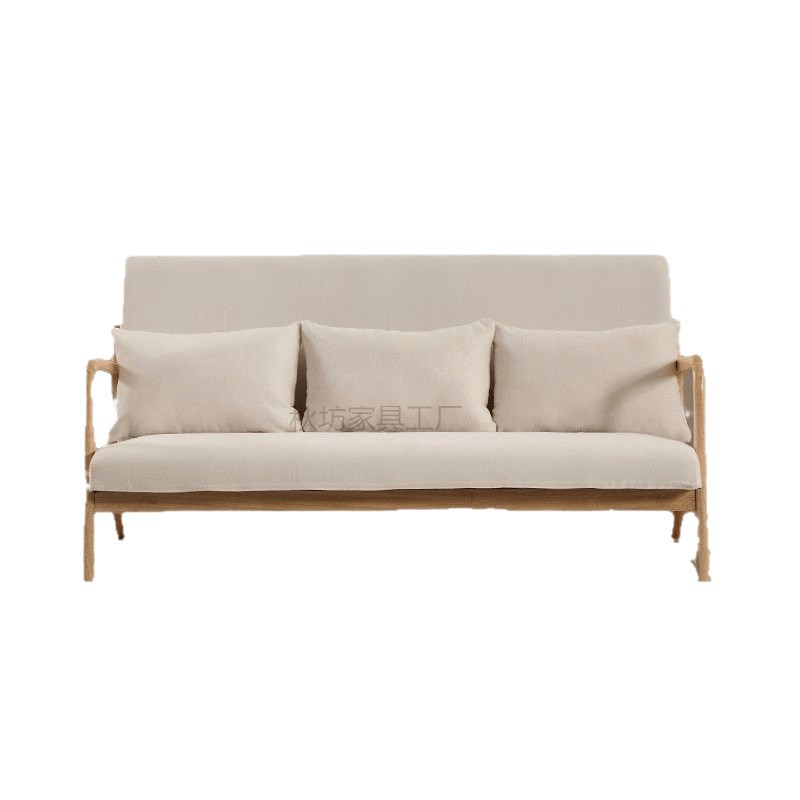 Japanese-Style Simple Nordic Solid Wood Double or Triple Sofa for Small Spaces, Natural Wood Modern Minimalist Hotel Fabric Sofa