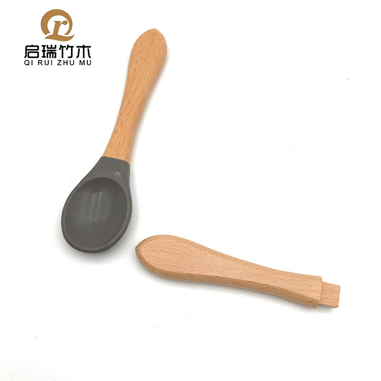 Baby Silicone Spoon Wooden Handle Bamboo Handle Spoon Bamboo Wooden Handle Soft Spoon Wooden Handle