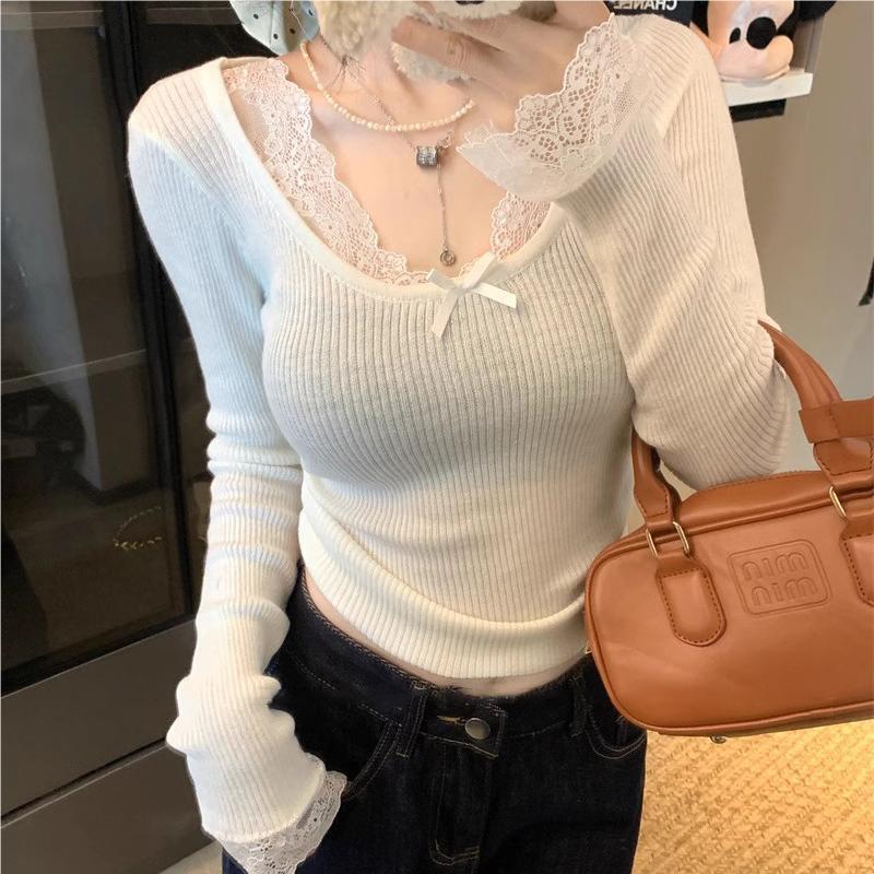 Gentle Style Bow Lace Splicing Long-Sleeved Sweater for Women Early Autumn New Versatile Slim Knitted Top
