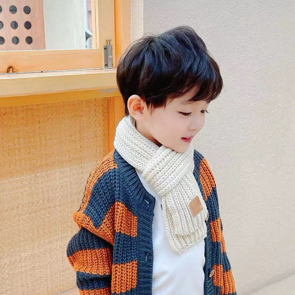 Korean Style New Knitted Kidsren's Cute Winter and Autumn Color Versatile Warm Knitted Leather Label Wool Cute Scarf