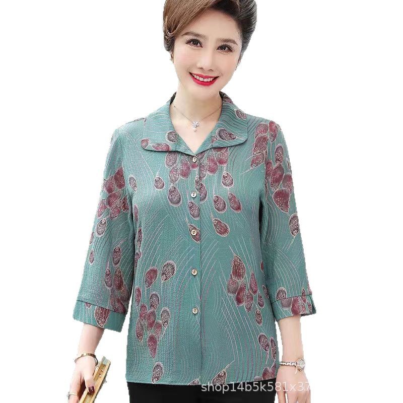 Middle-Aged and Elderly Women's Clothing Mother's Lapel Long-Sleeved Cardigan Flap Pocket Pants Ice Silk T-Shirt Lapel 50-Year-Old Mother's Cardigan Top