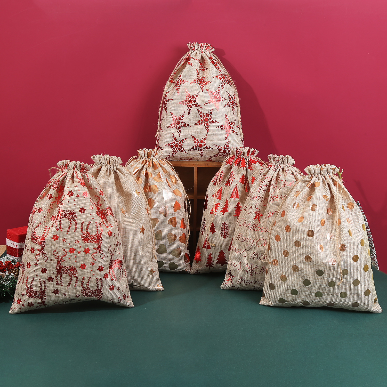 Cross-Border New Large Linen Christmas Gift Bag Candy Gift Packaging Bag Hot Stamping Drawstring Storage Bag