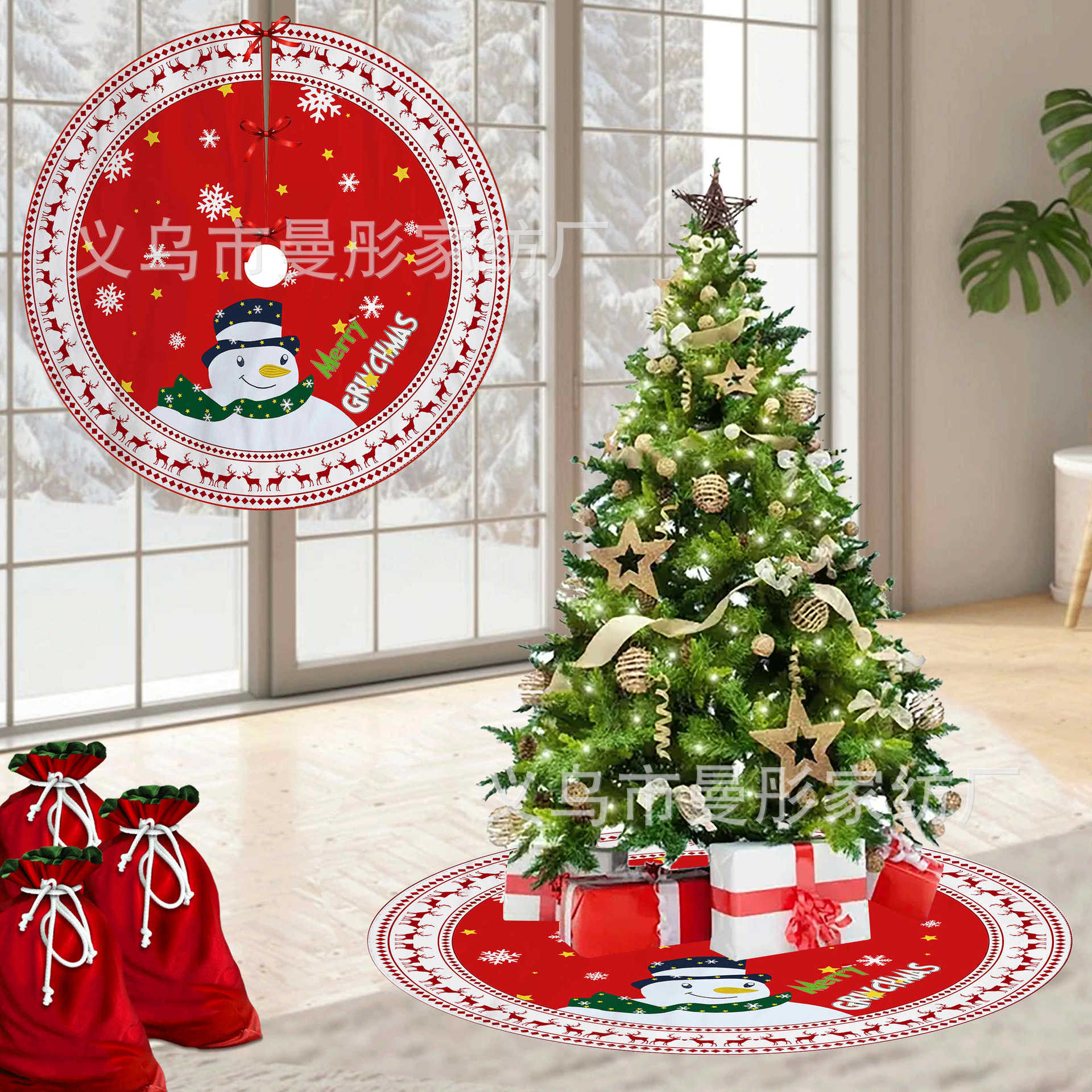2024 New Snowflake Snowman Christmas Tree Cluster Christmas Decoration Base Mat Digital Printed Tree Skirt Decoration