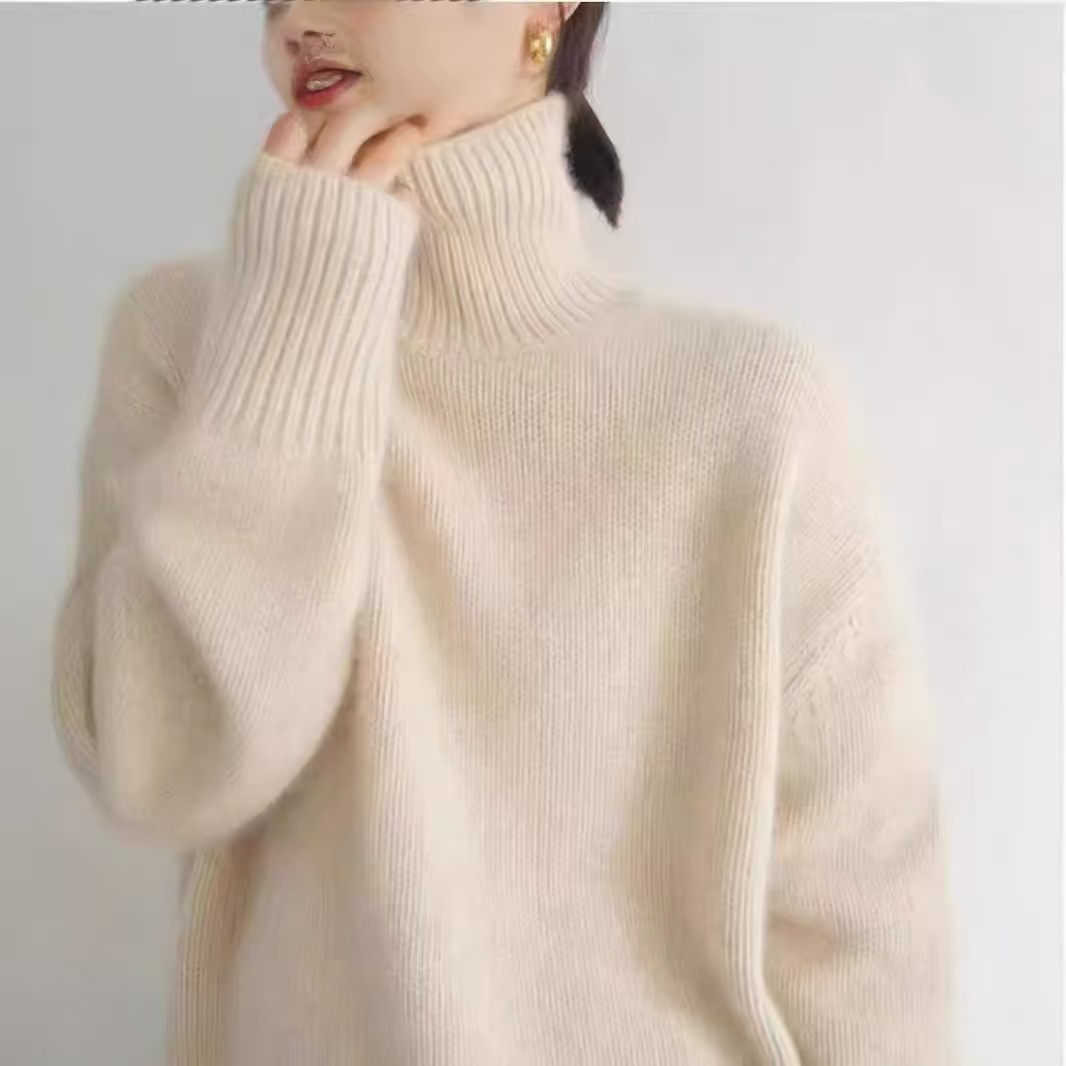 Autumn and Winter New European Turtleneck Sweater Women's Thickened Loose Lazy Style Sweater All-match Solid Color Knitted Base Shirt