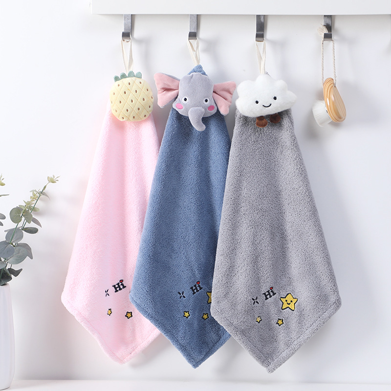 Wholesale thickened extra large coral fleece doll hand-mounted absorbent towel cute handkerchief embroidery square towel