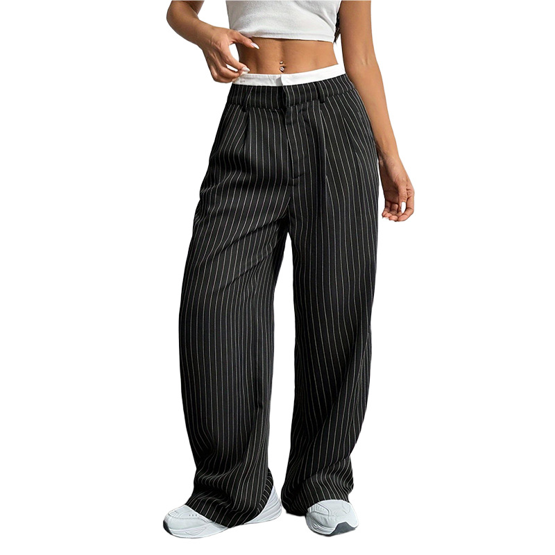 Women's Dress Pants 2025 Spring and Summer New Cross-Border Japanese and Korean Casual High-Waisted Splicing Simple Drape Commuting Straight-Leg Women's Pants