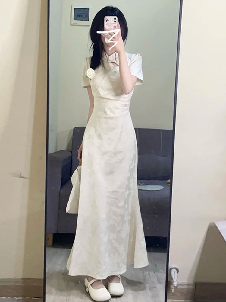 New Chinoiserie National Style Cheongsam Dress for Women Summer 2024 New Royal Sister Style Versatile Waist-Cinching Long Skirt