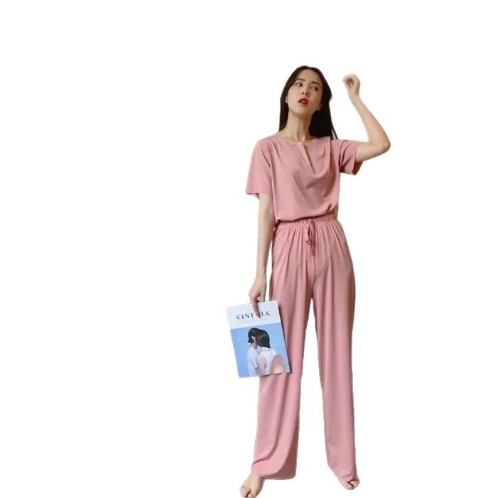 Ice Silk Three-Piece Set for Women's Home Style, Loose and Comfortable Pajamas, Drawstring Design, Skin-Friendly Fabric, Simple Three-Dimensional Suit