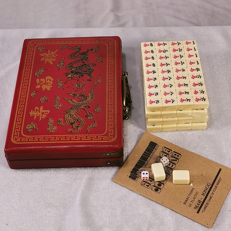 Cross-border supply of melamine English mahjong dormitory entertainment mahjong brand Milky White small travel mahjong with antique leather box