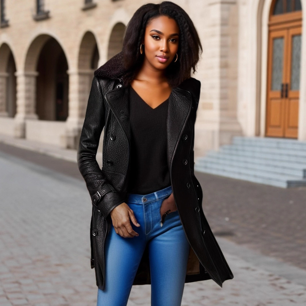 2023 British women's fur collar leather coat mid-length motorcycle thickened leather jacket slim jacket