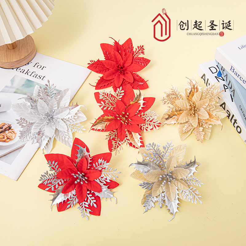 Three-Layer Gold Powder Christmas Flowers, Popular High-End Three-Dimensional Artificial Flowers, Christmas Tree Decorations, Decorative Fake Flowers Wholesale