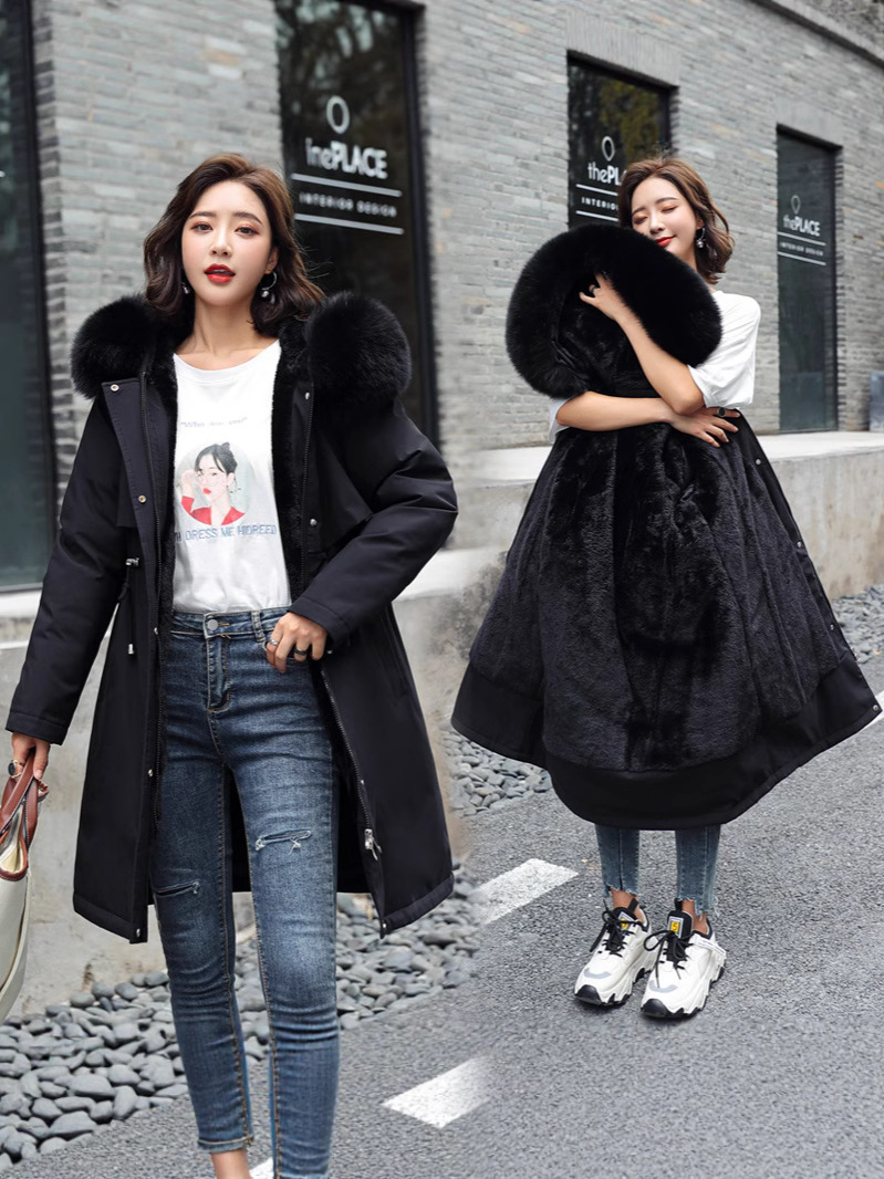 2025 Winter European and American New Women's Cotton-Padded Jacket Mid-Length Large Fur Collar Fleece-Lined Cotton-Padded Jacket down Cotton-Padded Jacket