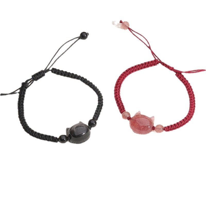 New Strawberry Bracelet Pink Crystal Hand Rope Girlfriend Couple Obsidian Year of Life Single Woven Transfer Red Rope