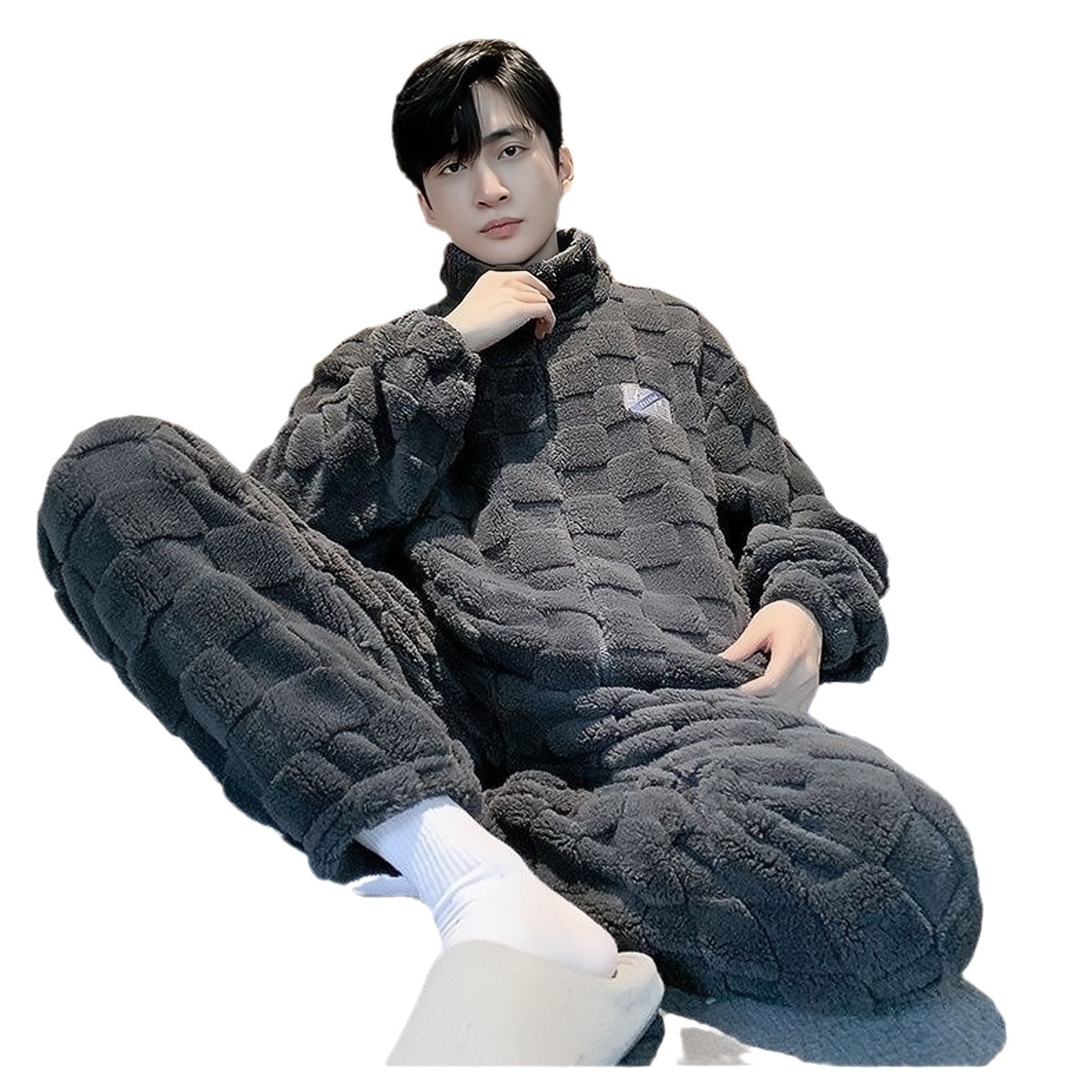 Pajamas Men's Fashion Zipper Thickeneded Fleece-Lined Coral Velvet Warm Flannel Autumn and Winter Men's Youth New Style