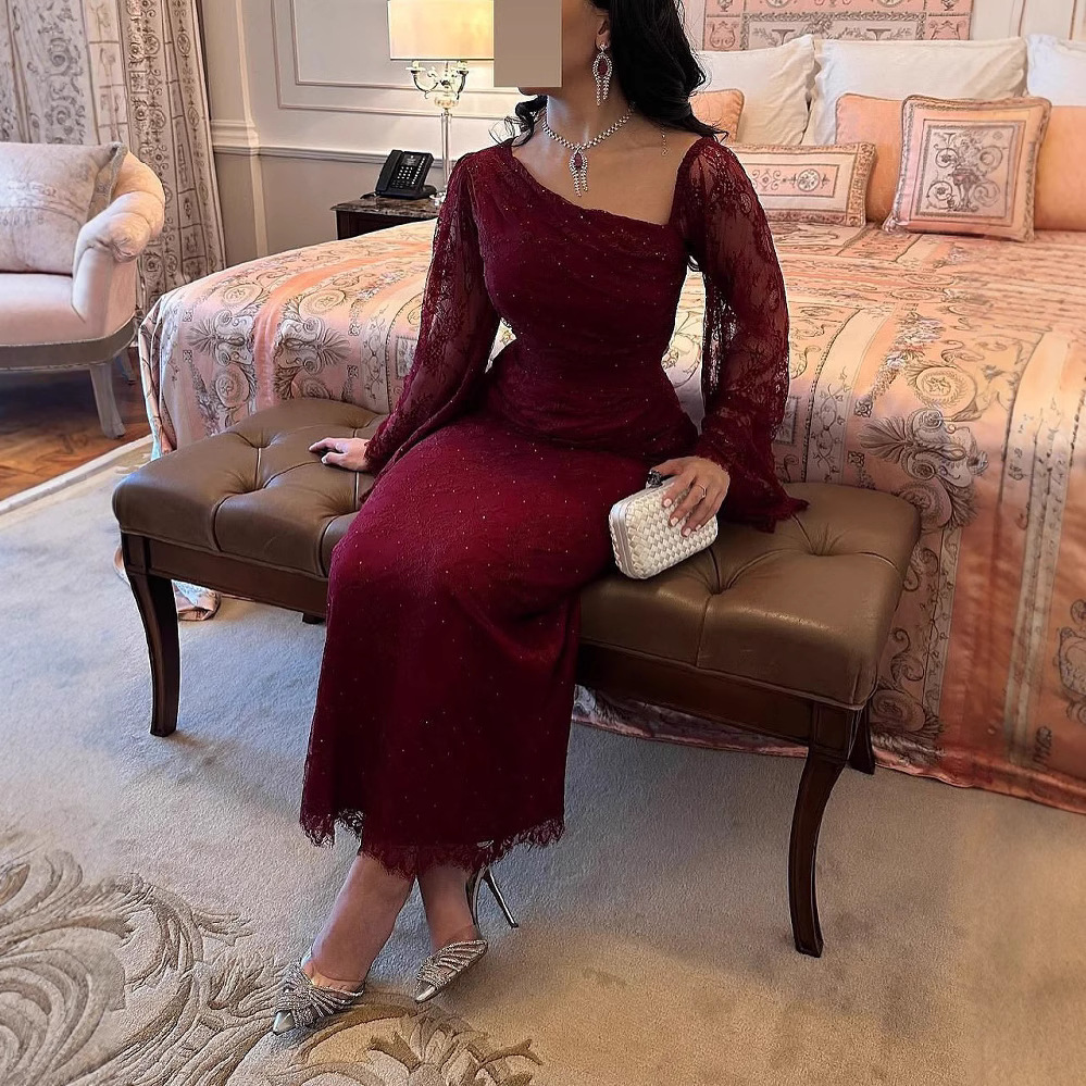 2025 Spring Cross-Border European and American Middle East Foreign Trade Women's Clothing Independent Station Amazon Elegant Lace Hot Diamond Hip Covering Evening Dress