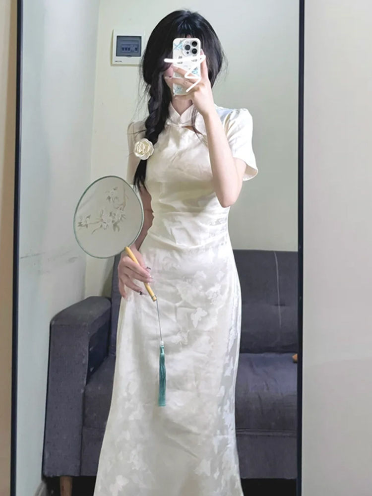 New Chinoiserie National Style Cheongsam Dress for Women Summer 2024 New Royal Sister Style Versatile Waist-Cinching Long Skirt