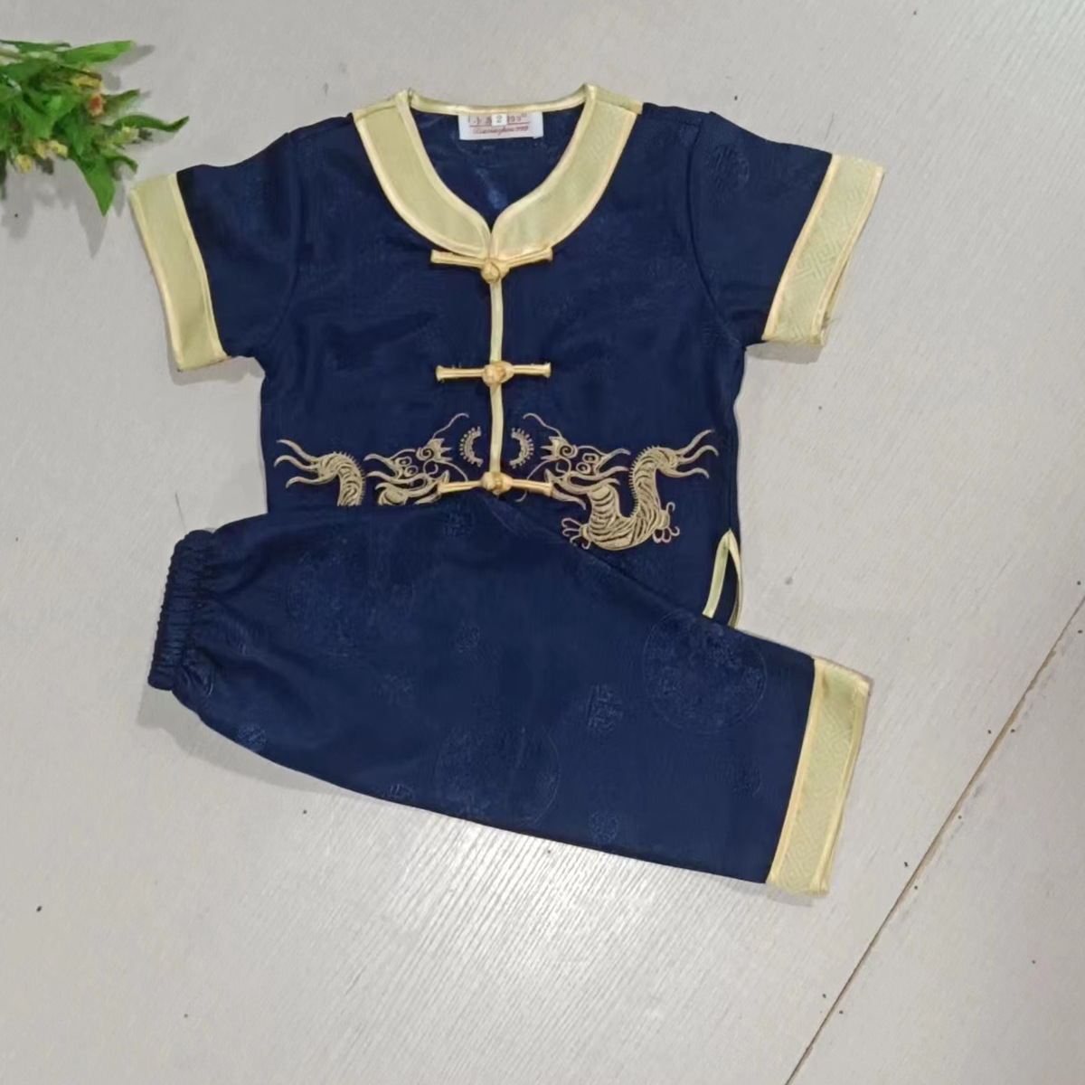 Embroidered Dragon Children's Tang Suit Boys' Satin Short-sleeved Trousers Ethnic Costume Performance Suit Foreign Trade New Year Dress