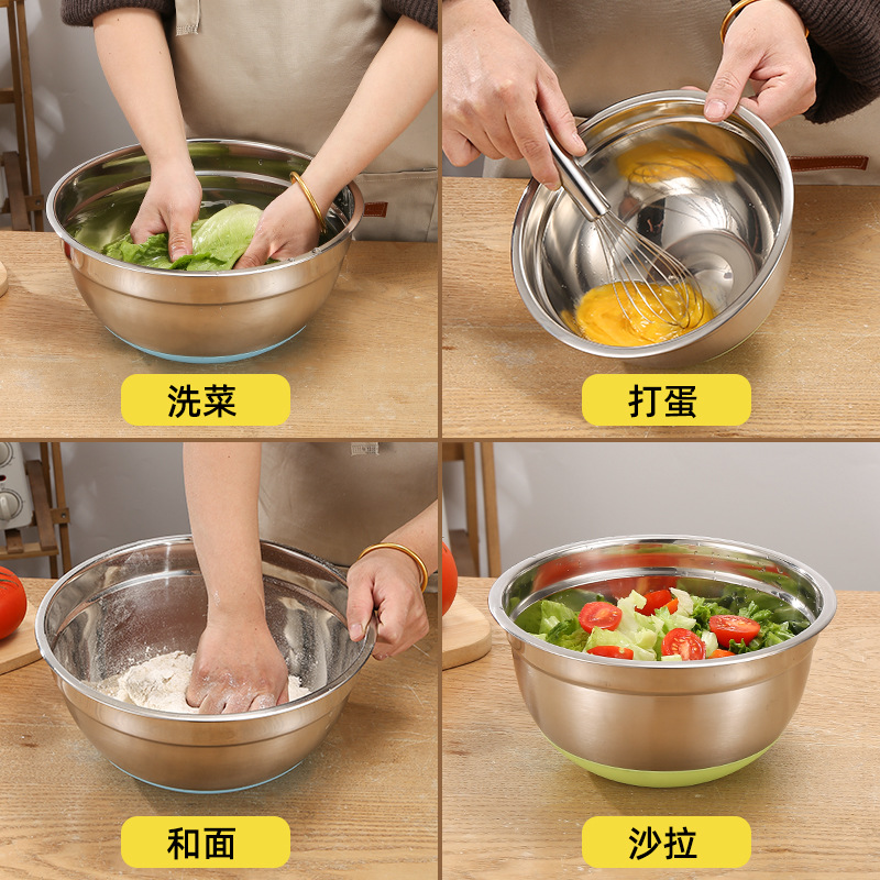 Factory wholesale stainless steel egg basin thickened with lid non-slip color silicone bottom with scale baking salad bowl