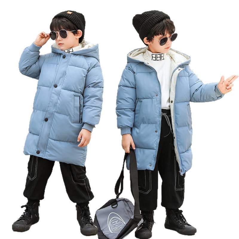 Cross-Border Cotton Clothing Pure Color Small and Medium-Sized Children's Boys and Girls Hooded Mid-Length Cotton Jacket Autumn and Winter Children's Classic Mid-Length Jacket