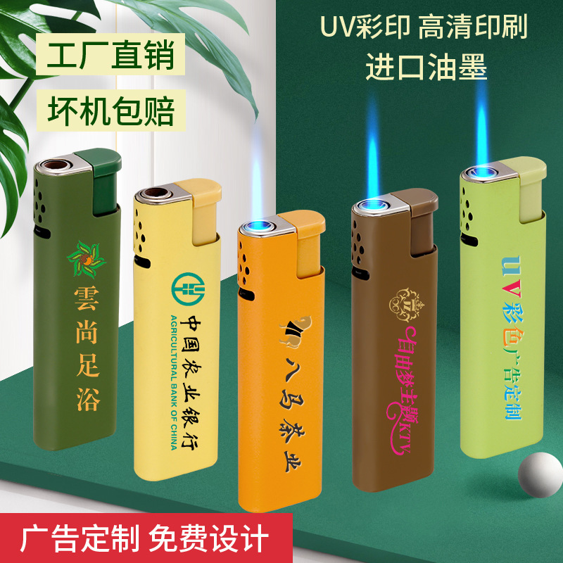 Lighter UV color printing wholesale metal straight blue flame pulley disposable lighter printing do LOGO windproof lighter