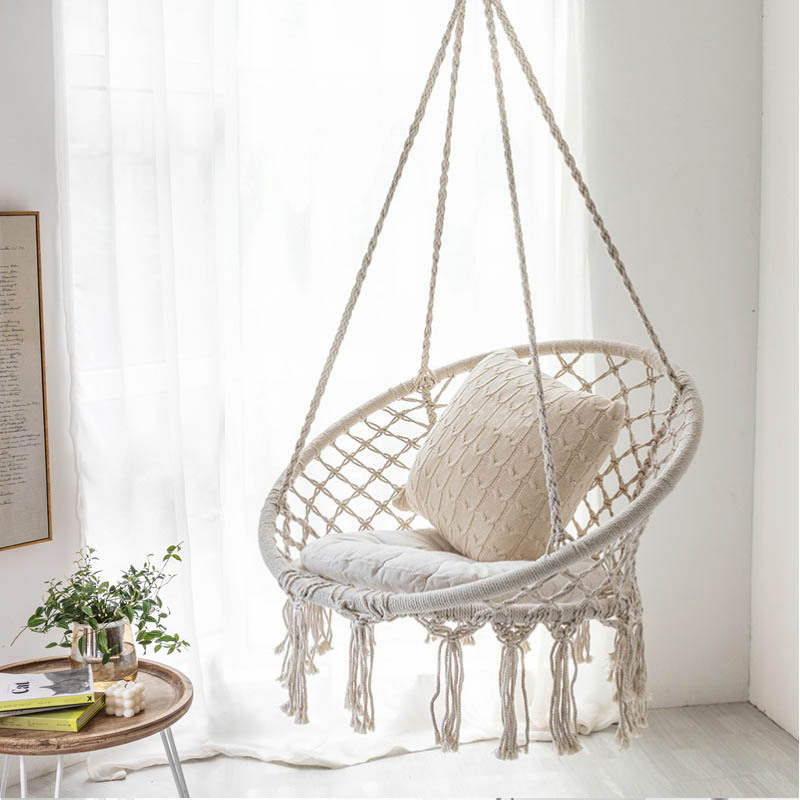 Wholesale Ins Scandinavian Style Internet Celebrity Hanging Basket Outdoor Cotton Rope Hanging Chair Balcony Cradle Chair Indoor B&B Tassel Swing