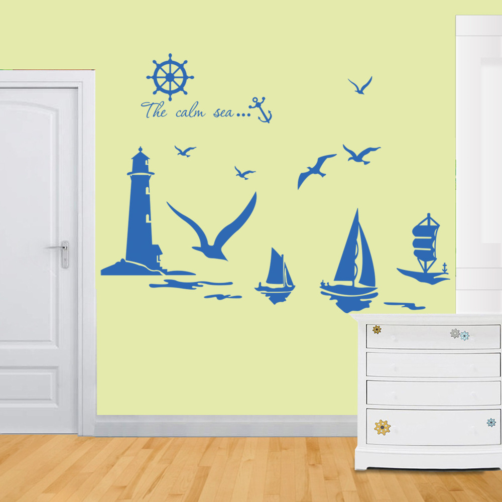 European and American wall stickers sea sailing stickers living room bedroom background PVC factory wholesale 9204 mural Blue