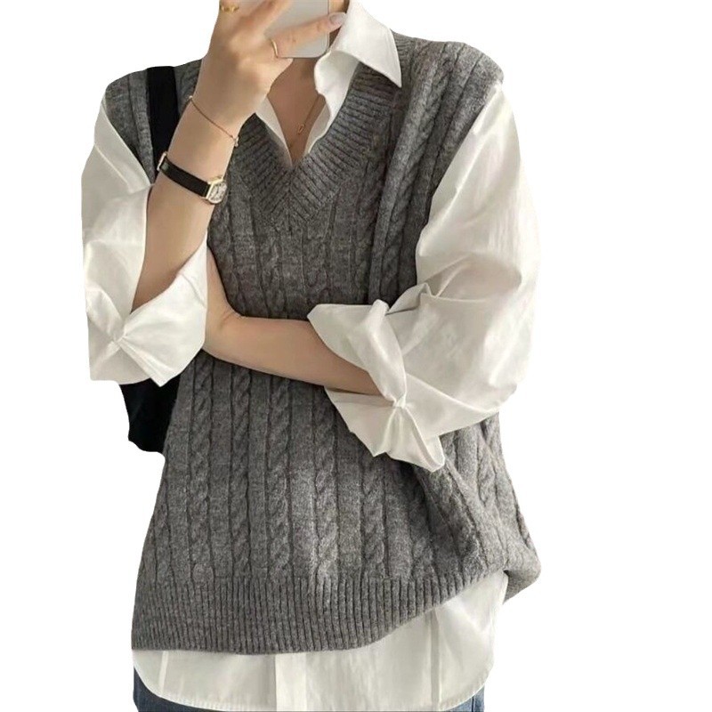 V Neck Knitted Vest Sweater for Women 2025 Spring and Autum New Style Layered Loose Large Size Vest Sleeveless Top for Outer Wear