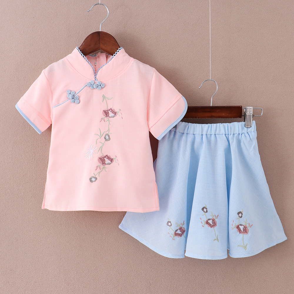 Summer New Ancient Han Dynasty Girls' Cotton and Linen Short-Sleeved Kidsren's Suits Ethnic Style Chinese School Uniforms Girls' Tang Suits