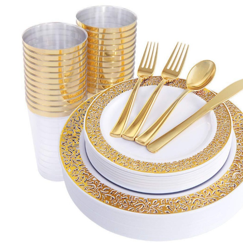 Spot Disposable Plastic Tableware Plate Ps Cut Out Rose Disc Gold and Silver Party Party Export Tableware